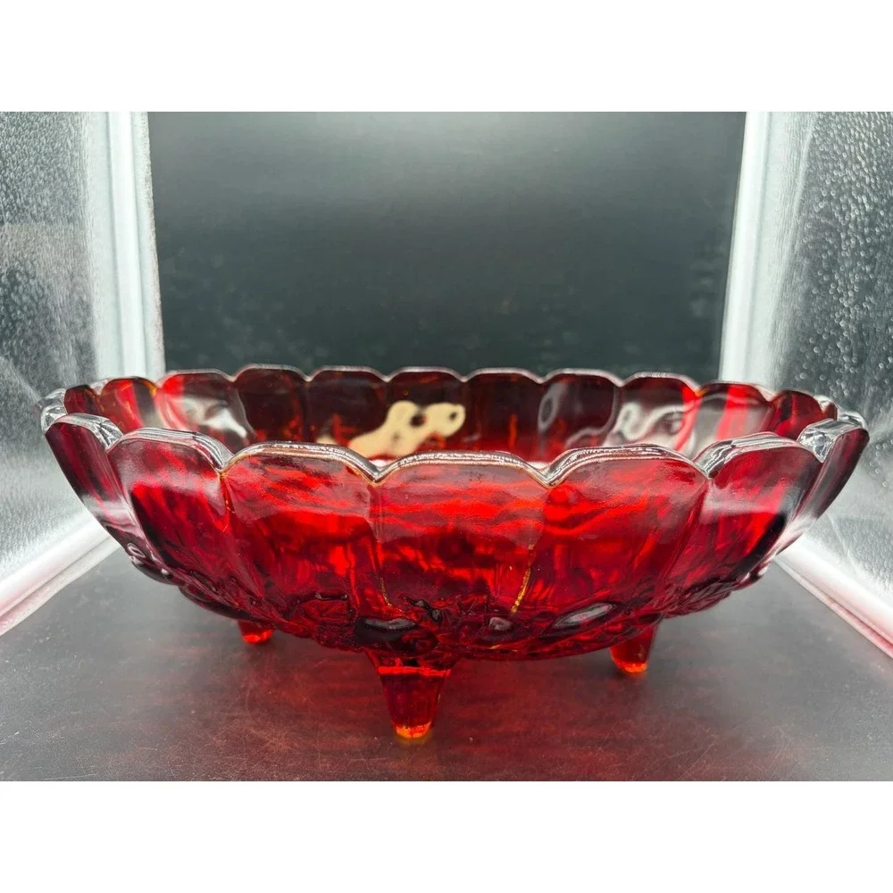 Vintage Ruby Red Amberina Glass Footed Bowl Scalloped Fruit Pattern Centerpiece